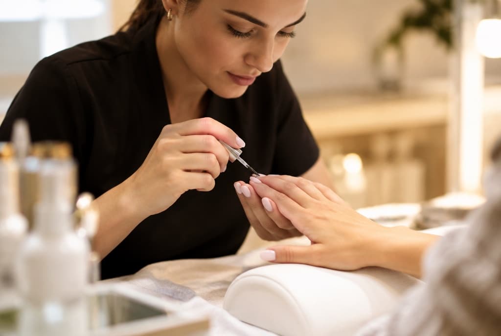Chloe làm nails và trò chuyện thân thiện với khách trong tiệm nails hiện đại