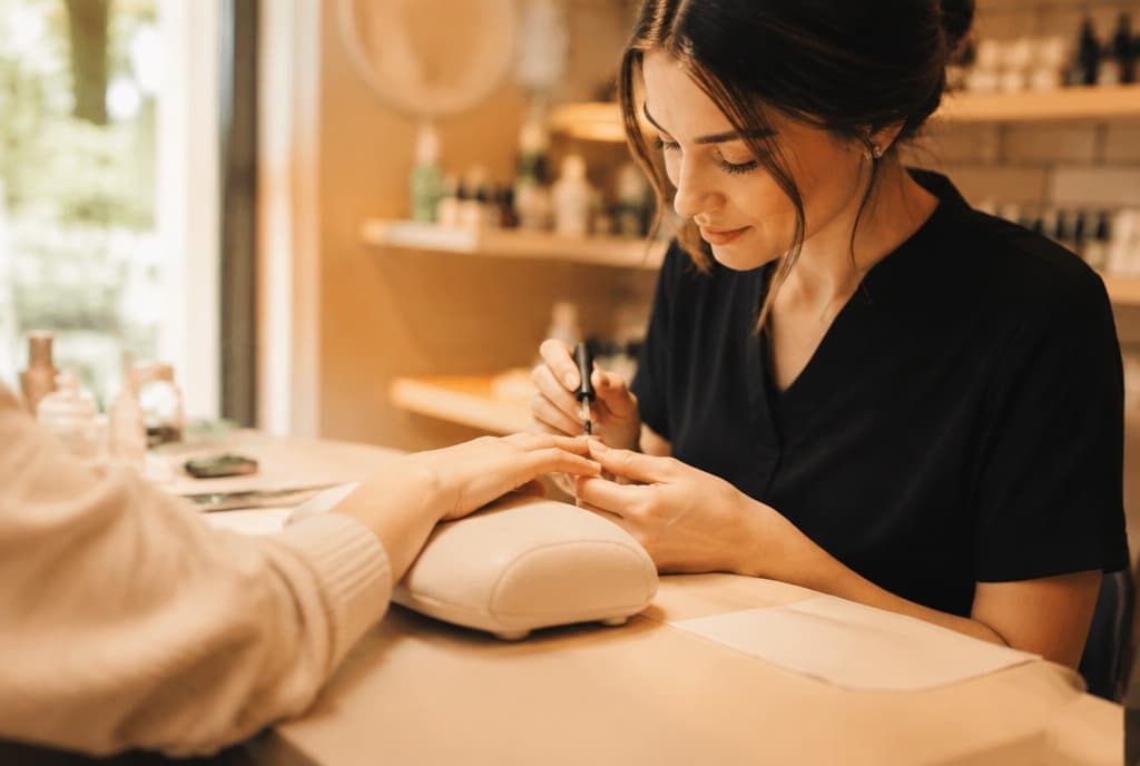 Chloe làm nails và trò chuyện thân thiện với khách trong tiệm nails hiện đại