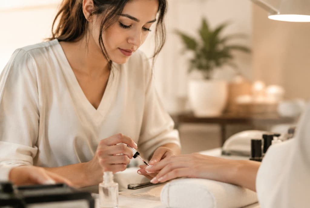 Chloe làm nails và trò chuyện thân thiện với khách trong tiệm nails hiện đại