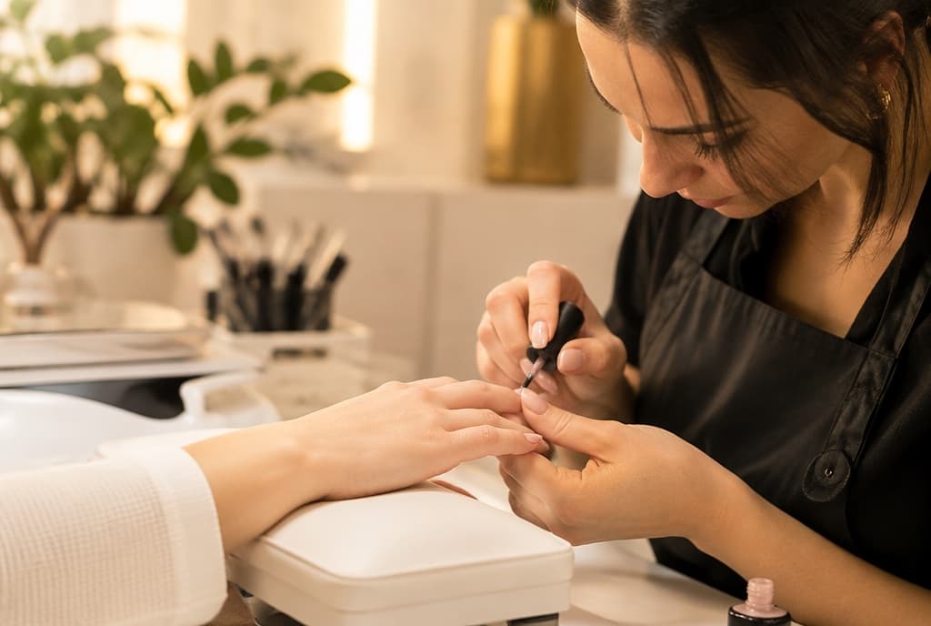 Chloe làm nails và trò chuyện thân thiện với khách trong tiệm nails hiện đại