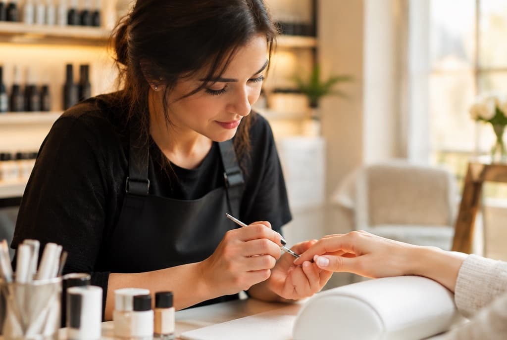 Chloe làm nails và trò chuyện thân thiện với khách trong tiệm nails hiện đại