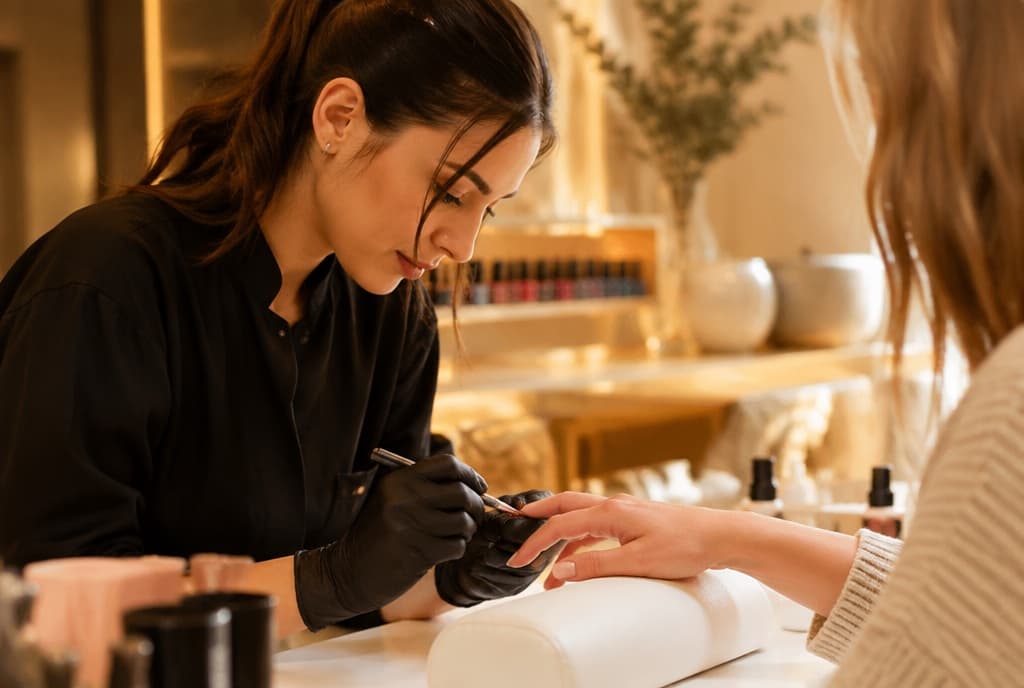 Chloe làm nails và trò chuyện thân thiện với khách trong tiệm nails hiện đại