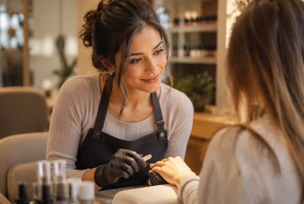 Chloe làm nails và trò chuyện thân thiện với khách trong tiệm nails hiện đại