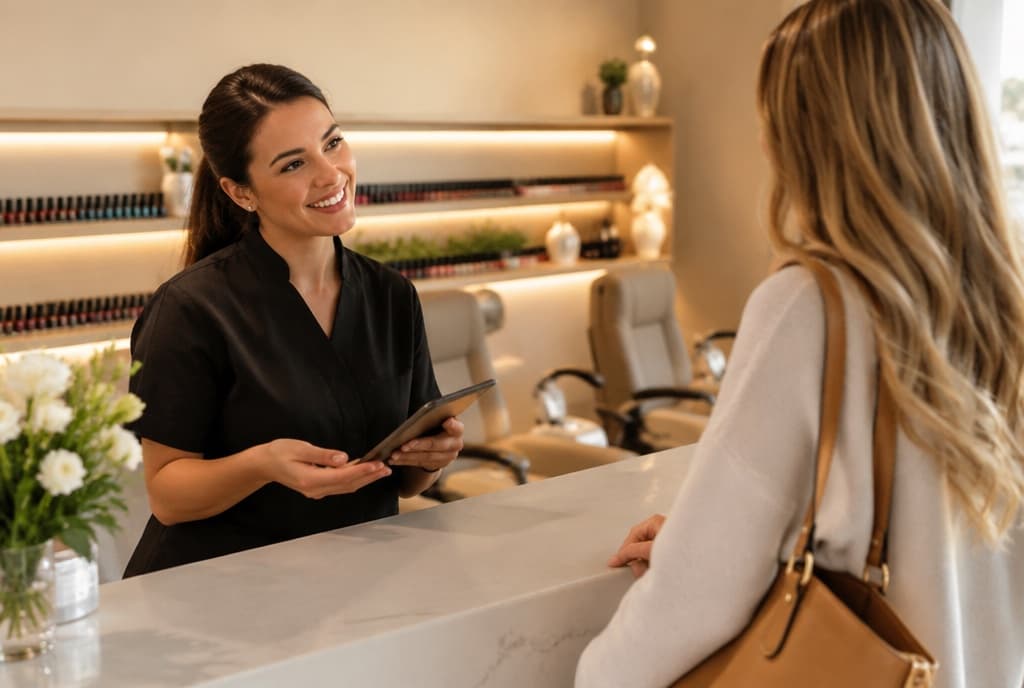 Chloe làm nails và trò chuyện thân thiện với khách trong tiệm nails hiện đại