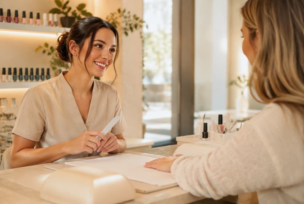 Chloe làm nails và trò chuyện thân thiện với khách trong tiệm nails hiện đại