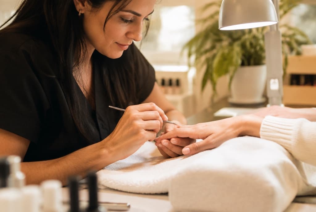 Chloe làm nails và trò chuyện thân thiện với khách trong tiệm nails hiện đại