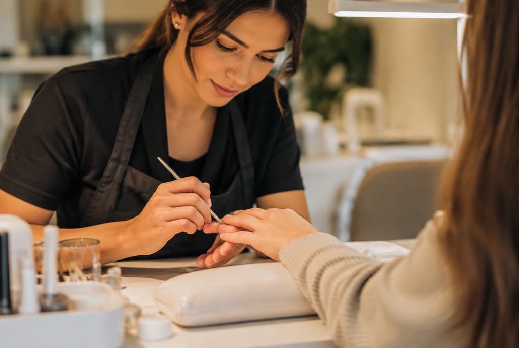 Chloe làm nails và trò chuyện thân thiện với khách trong tiệm nails hiện đại