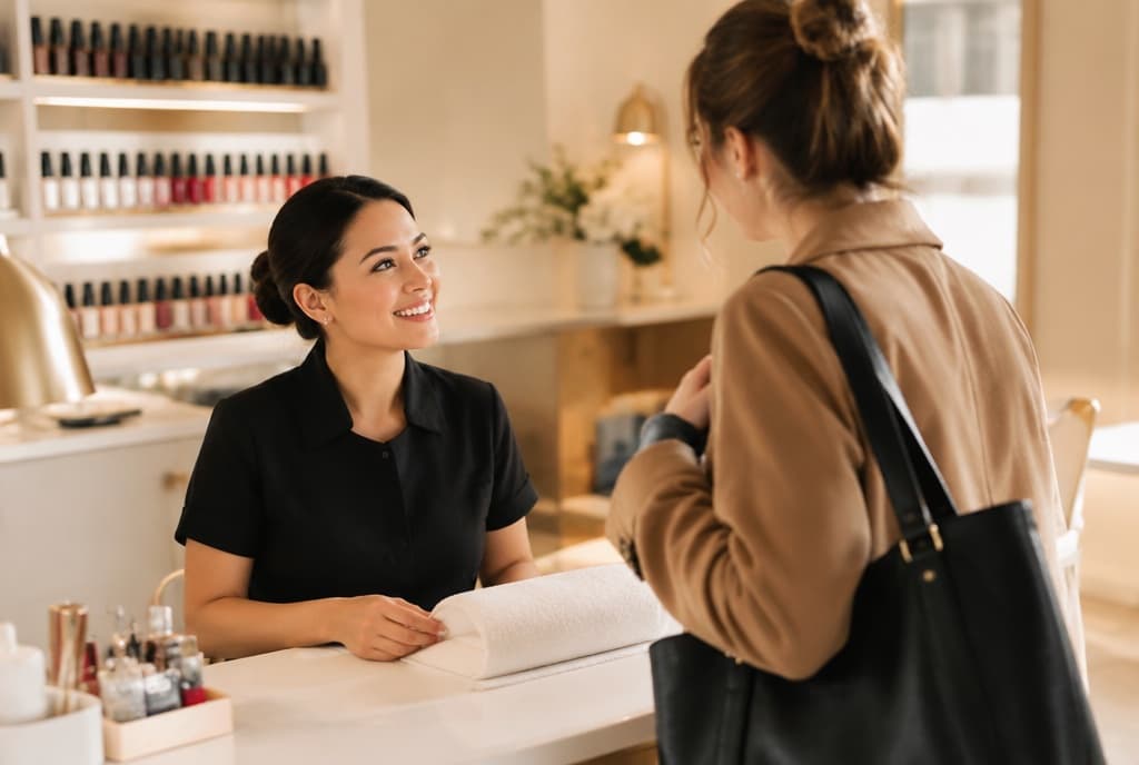 Chloe làm nails và trò chuyện thân thiện với khách trong tiệm nails hiện đại