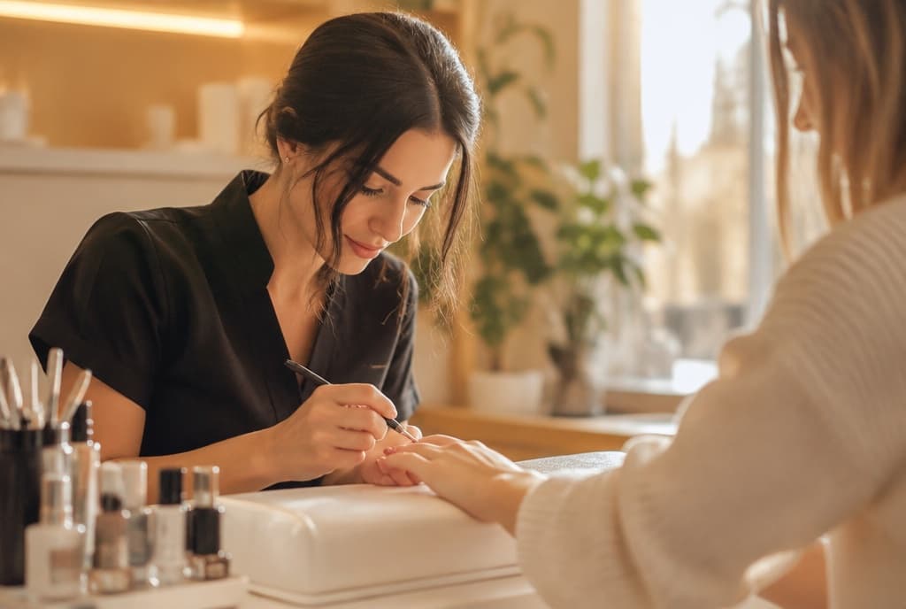 Chloe làm nails và trò chuyện thân thiện với khách trong tiệm nails hiện đại