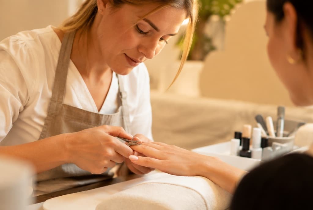 Chloe làm nails và trò chuyện thân thiện với khách trong tiệm nails hiện đại
