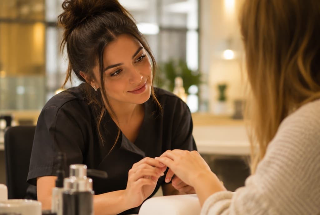 Chloe làm nails và trò chuyện thân thiện với khách trong tiệm nails hiện đại
