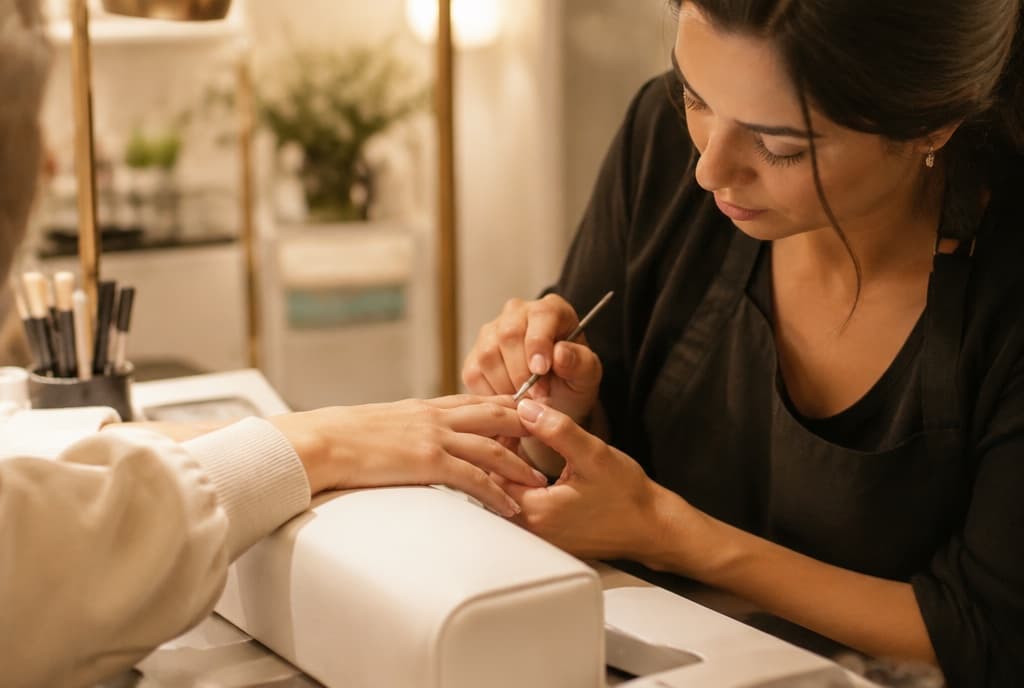 Chloe làm nails và trò chuyện thân thiện với khách trong tiệm nails hiện đại