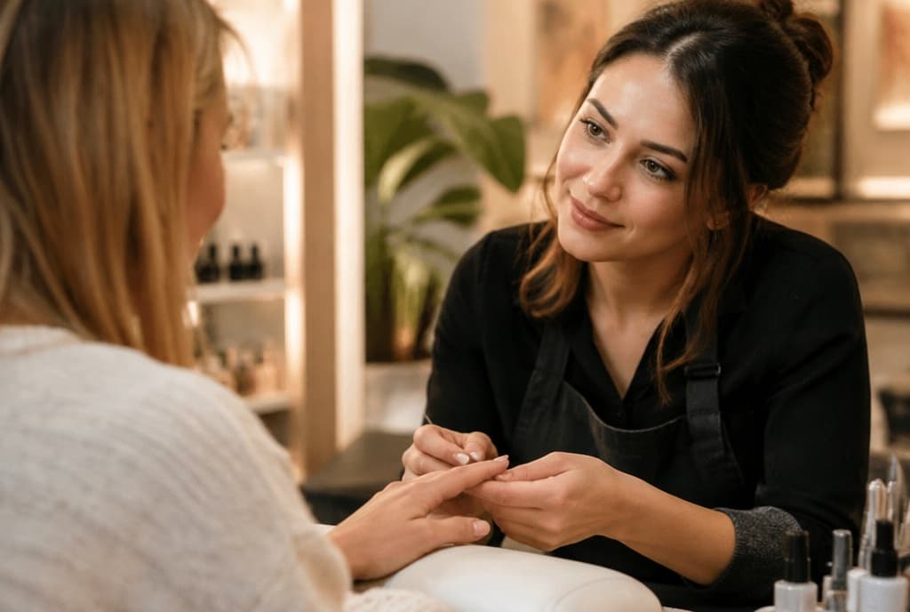 Chloe làm nails và trò chuyện thân thiện với khách trong tiệm nails hiện đại