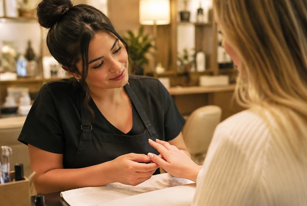 Chloe làm nails và trò chuyện thân thiện với khách trong tiệm nails hiện đại