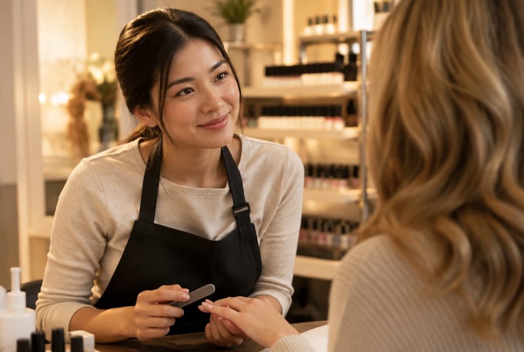 Chloe làm nails và trò chuyện thân thiện với khách trong tiệm nails hiện đại