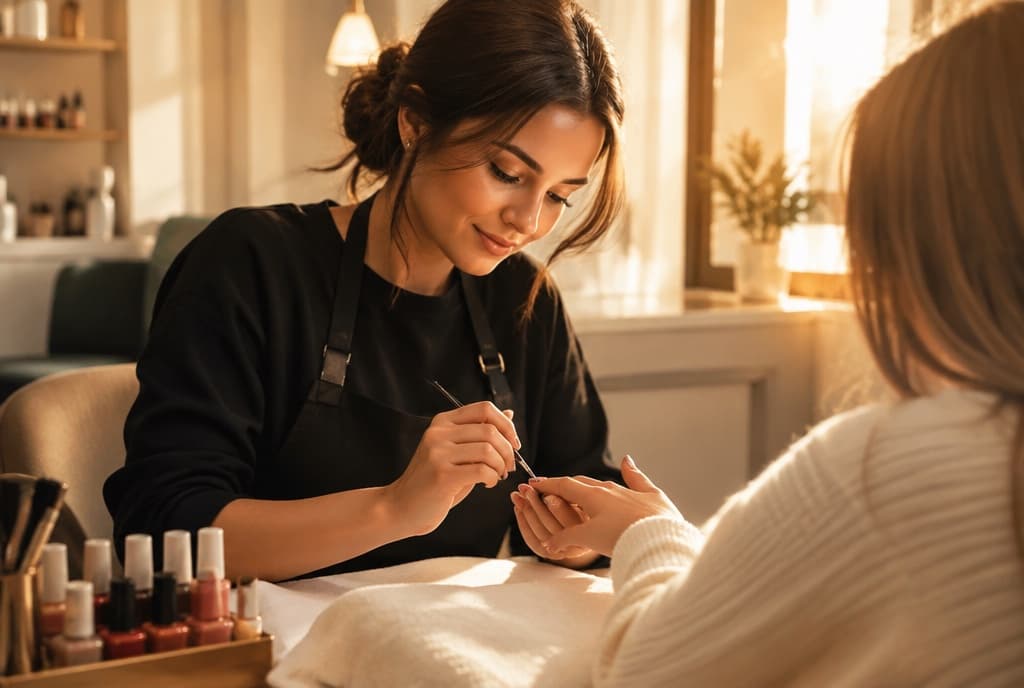 Chloe làm nails và trò chuyện thân thiện với khách trong tiệm nails hiện đại