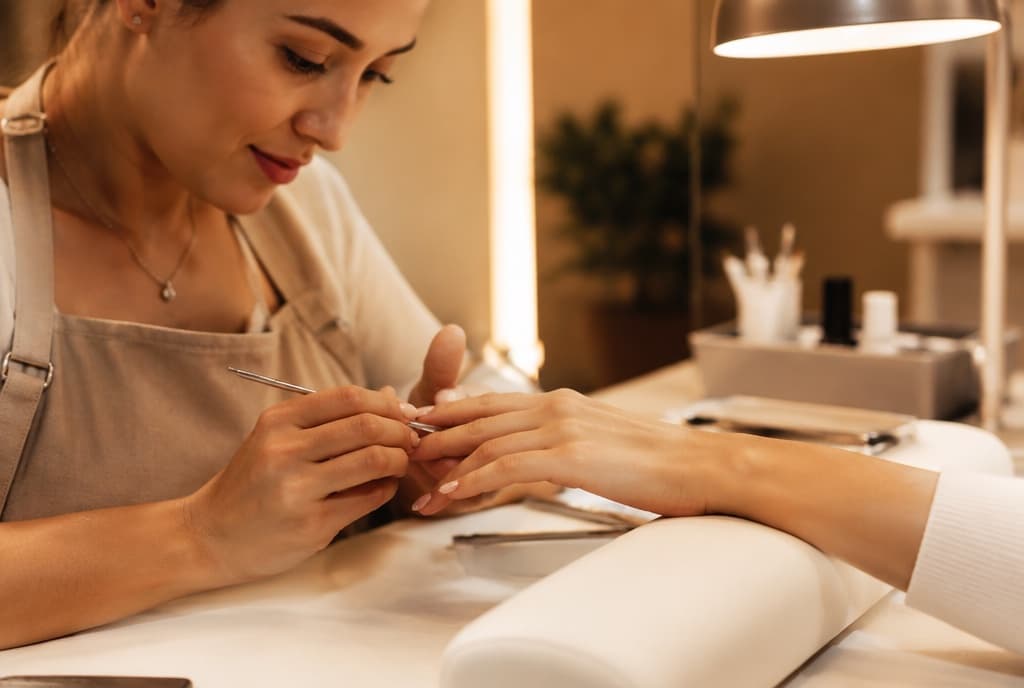 Chloe làm nails và trò chuyện thân thiện với khách trong tiệm nails hiện đại