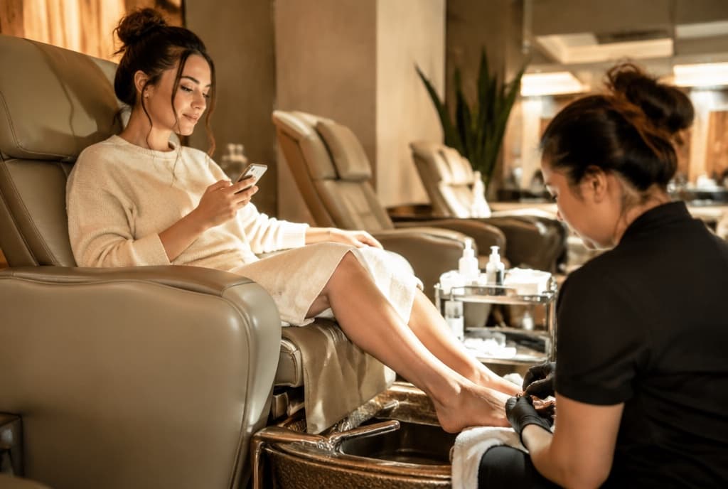 Chloe làm nails và trò chuyện thân thiện với khách trong tiệm nails hiện đại