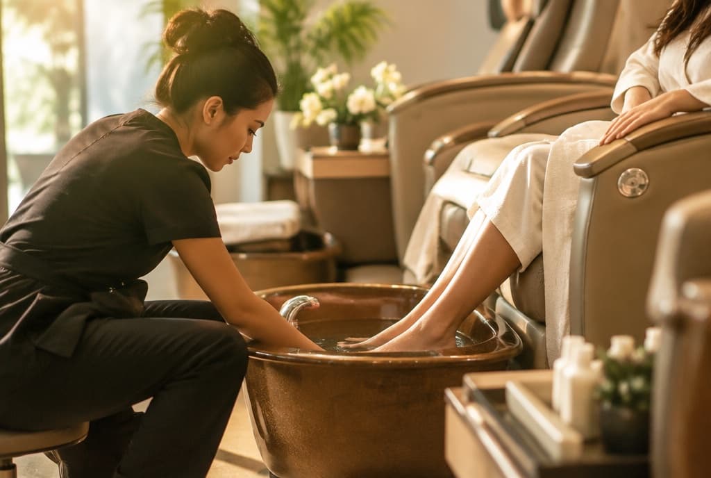 Chloe làm nails và trò chuyện thân thiện với khách trong tiệm nails hiện đại
