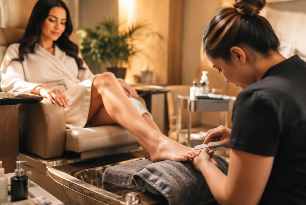 Chloe làm nails và trò chuyện thân thiện với khách trong tiệm nails hiện đại