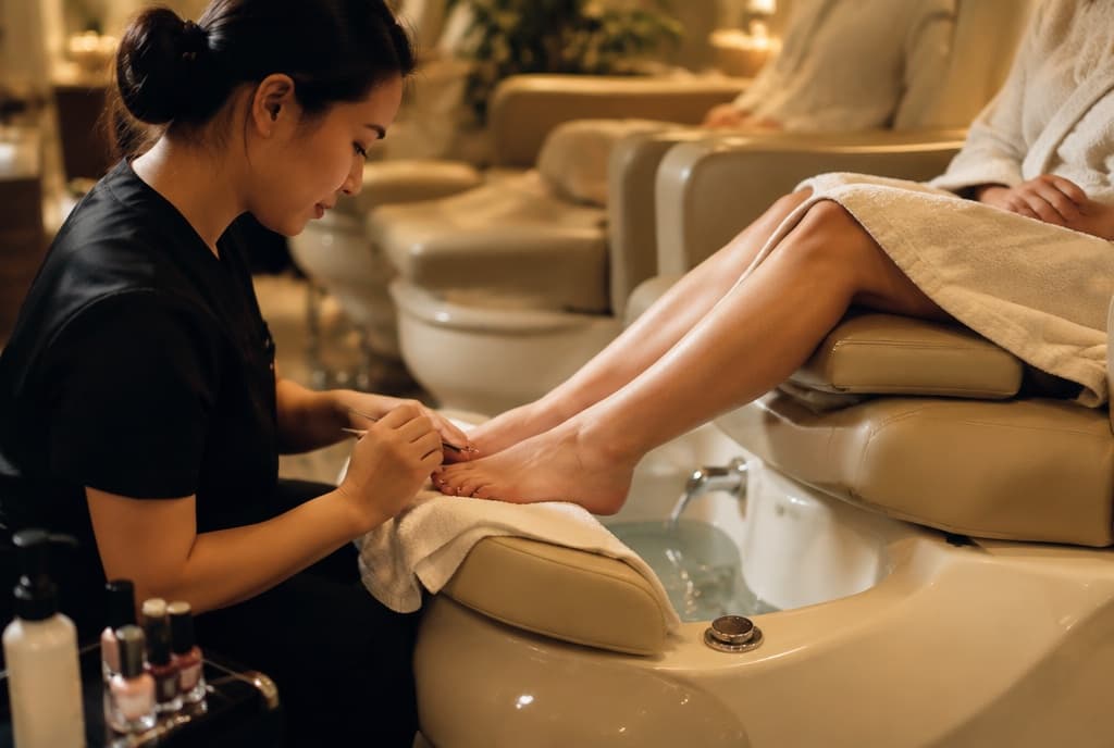 Chloe làm nails và trò chuyện thân thiện với khách trong tiệm nails hiện đại
