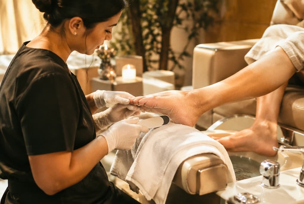 Chloe làm nails và trò chuyện thân thiện với khách trong tiệm nails hiện đại