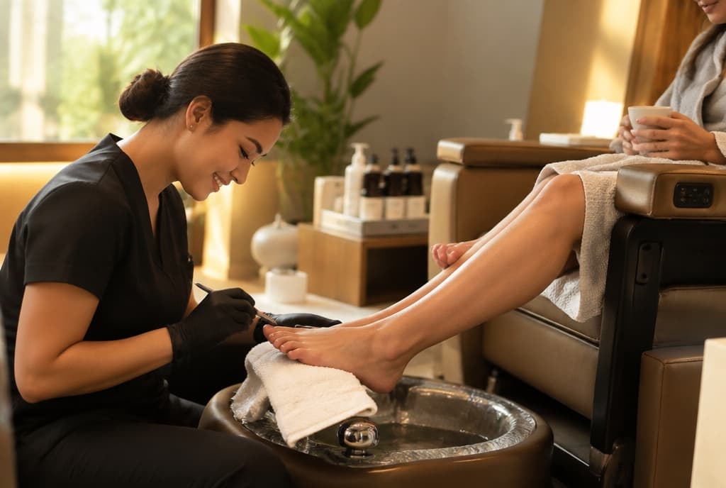 Chloe làm nails và trò chuyện thân thiện với khách trong tiệm nails hiện đại