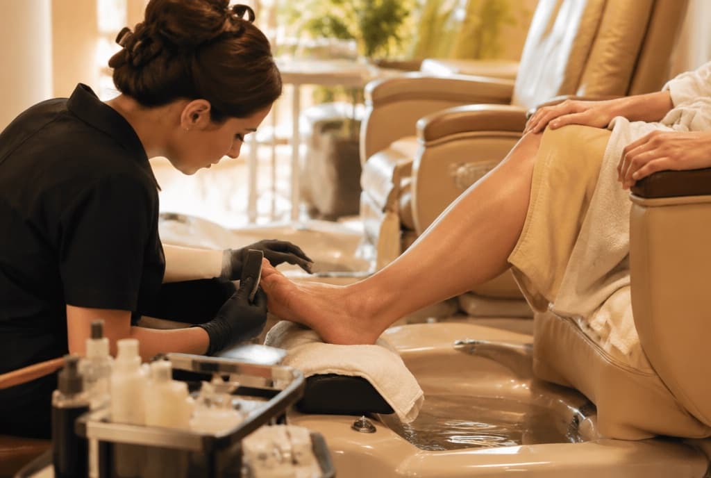 Chloe làm nails và trò chuyện thân thiện với khách trong tiệm nails hiện đại