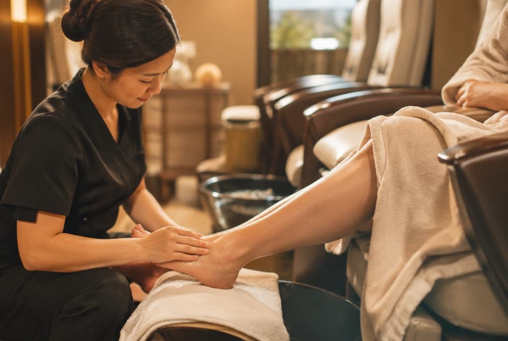 Chloe làm nails và trò chuyện thân thiện với khách trong tiệm nails hiện đại
