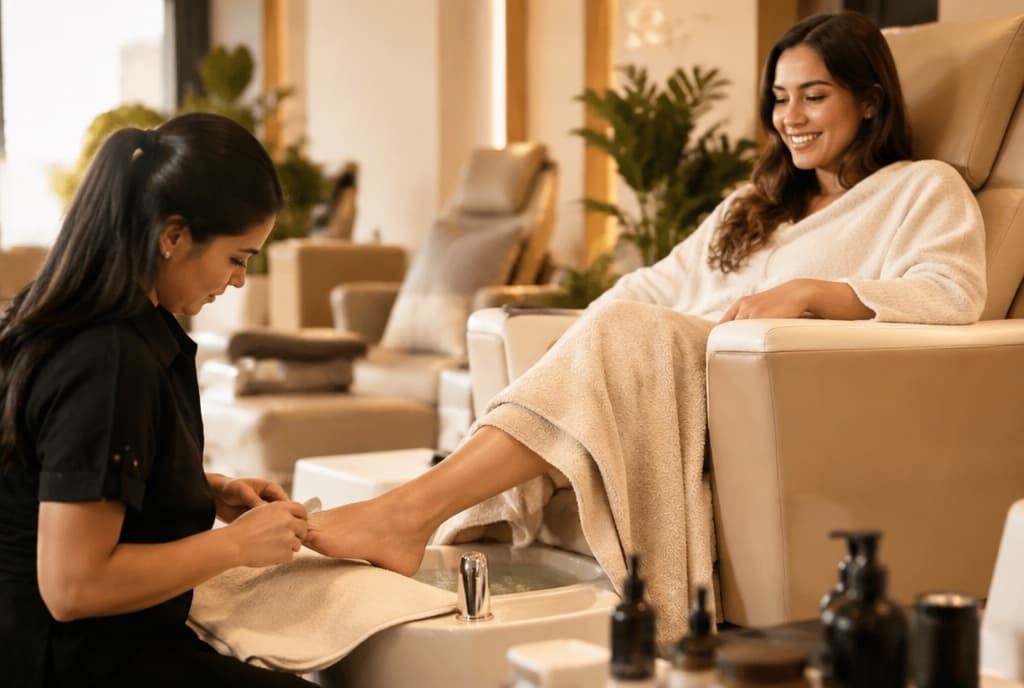 Chloe làm nails và trò chuyện thân thiện với khách trong tiệm nails hiện đại