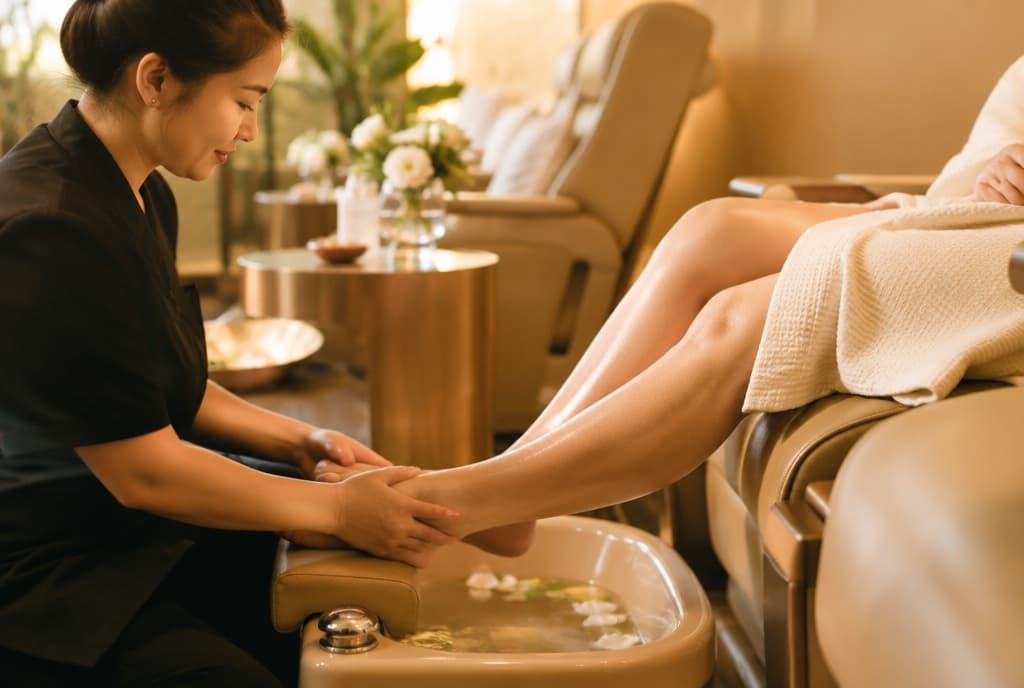 Chloe làm nails và trò chuyện thân thiện với khách trong tiệm nails hiện đại