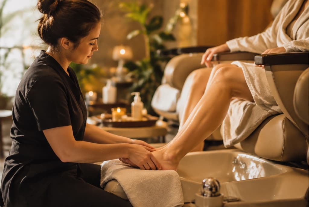 Chloe làm nails và trò chuyện thân thiện với khách trong tiệm nails hiện đại