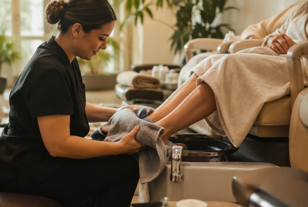Chloe làm nails và trò chuyện thân thiện với khách trong tiệm nails hiện đại