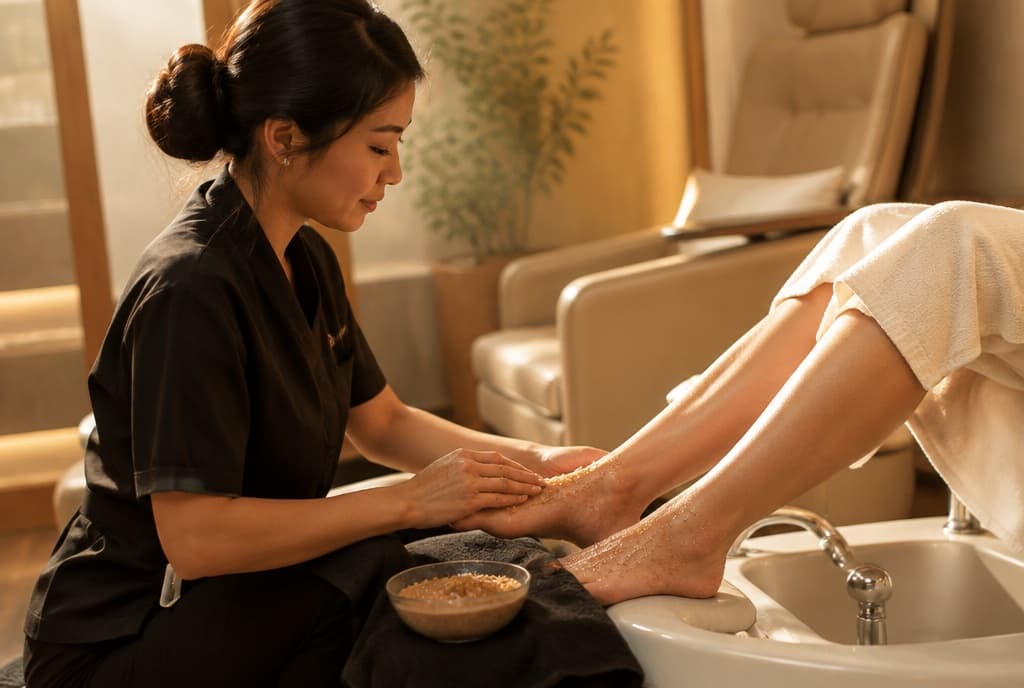 Chloe làm nails và trò chuyện thân thiện với khách trong tiệm nails hiện đại