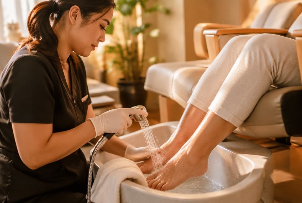 Chloe làm nails và trò chuyện thân thiện với khách trong tiệm nails hiện đại