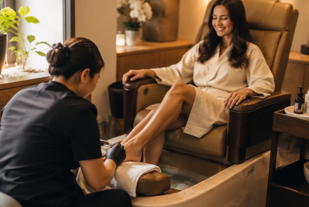 Chloe làm nails và trò chuyện thân thiện với khách trong tiệm nails hiện đại