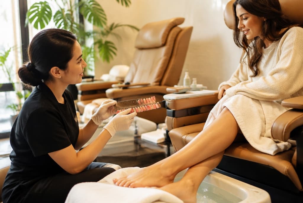 Chloe làm nails và trò chuyện thân thiện với khách trong tiệm nails hiện đại