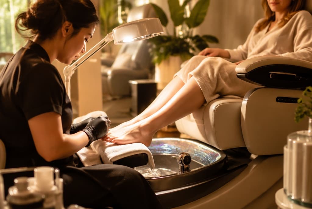 Chloe làm nails và trò chuyện thân thiện với khách trong tiệm nails hiện đại