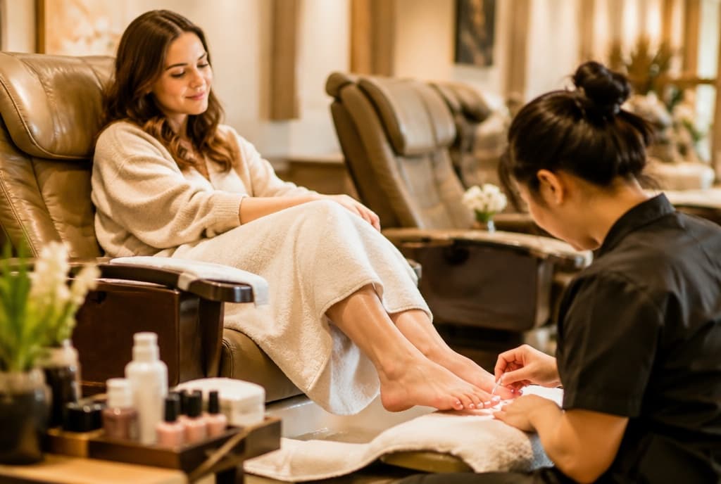 Chloe làm nails và trò chuyện thân thiện với khách trong tiệm nails hiện đại