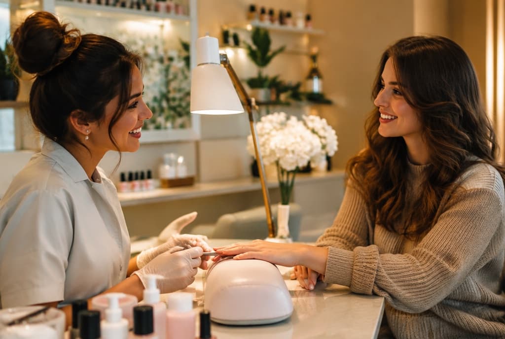 Chloe làm nails và trò chuyện thân thiện với khách trong tiệm nails hiện đại