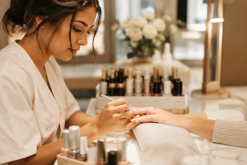 Chloe làm nails và trò chuyện thân thiện với khách trong tiệm nails hiện đại