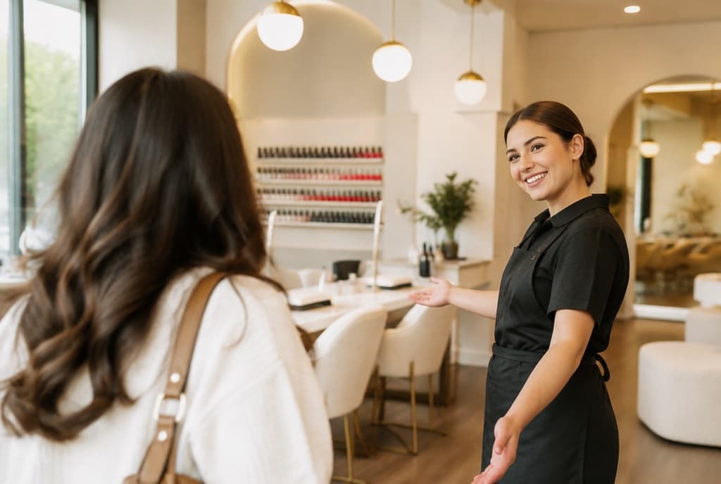 Chloe làm nails và trò chuyện thân thiện với khách trong tiệm nails hiện đại