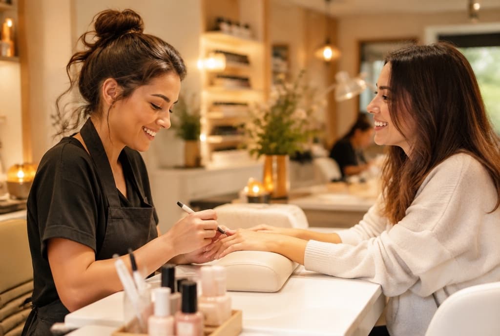 Chloe làm nails và trò chuyện thân thiện với khách trong tiệm nails hiện đại