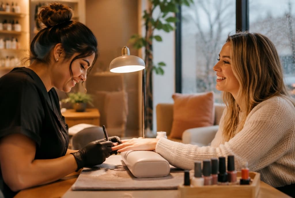 Chloe làm nails và trò chuyện thân thiện với khách trong tiệm nails hiện đại