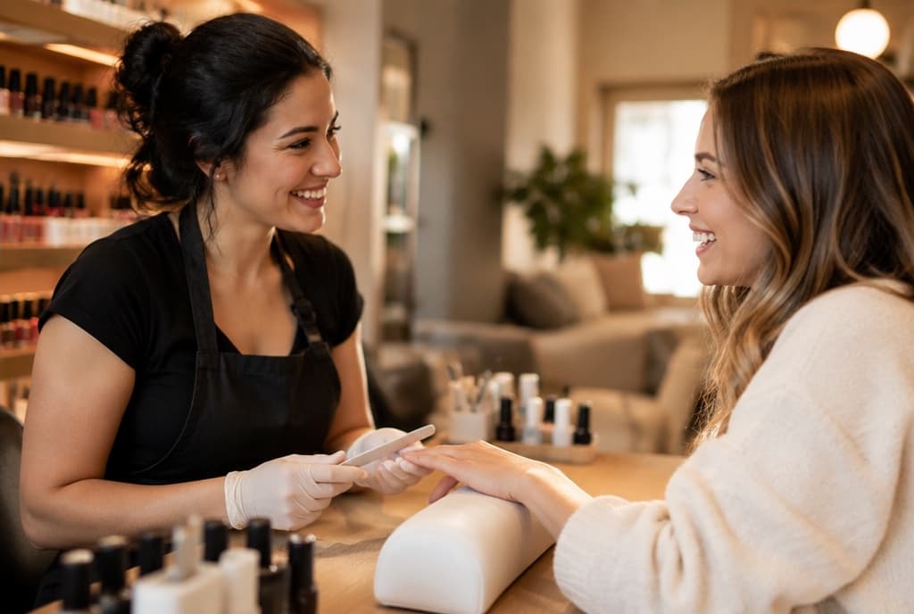 Chloe làm nails và trò chuyện thân thiện với khách trong tiệm nails hiện đại