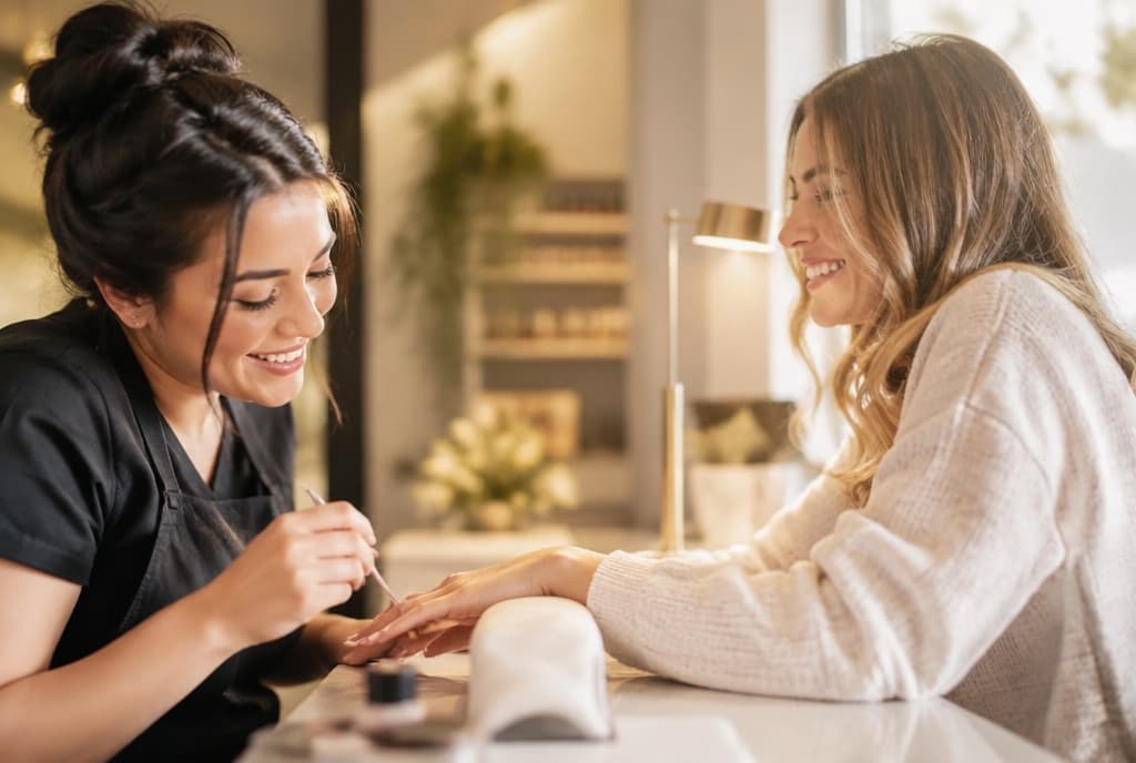 Chloe làm nails và trò chuyện thân thiện với khách trong tiệm nails hiện đại