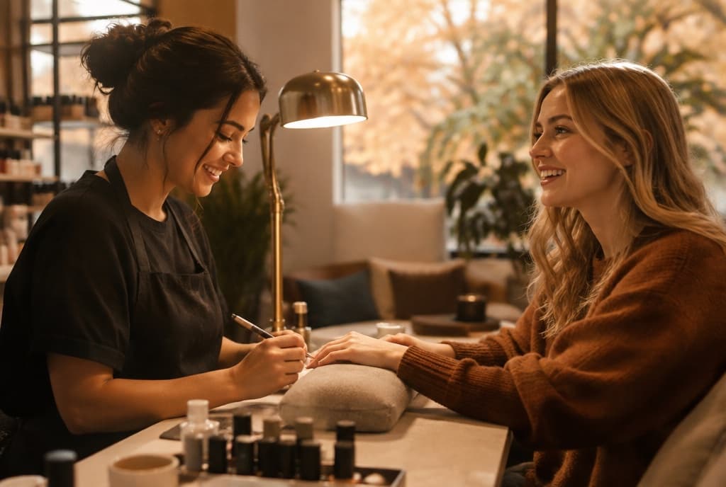 Chloe làm nails và trò chuyện thân thiện với khách trong tiệm nails hiện đại