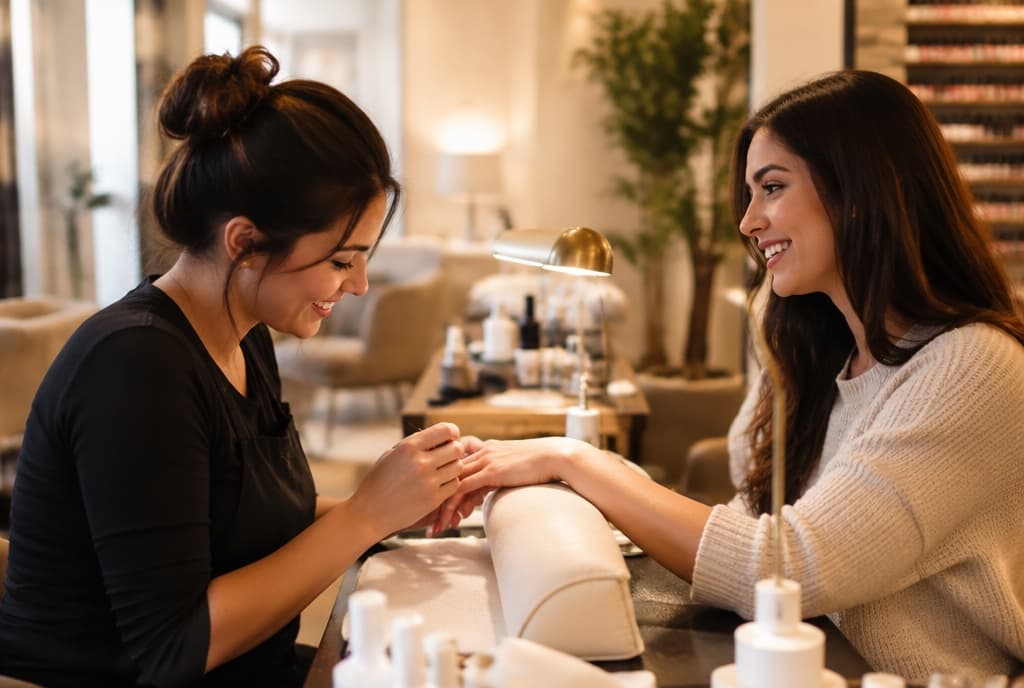 Chloe làm nails và trò chuyện thân thiện với khách trong tiệm nails hiện đại