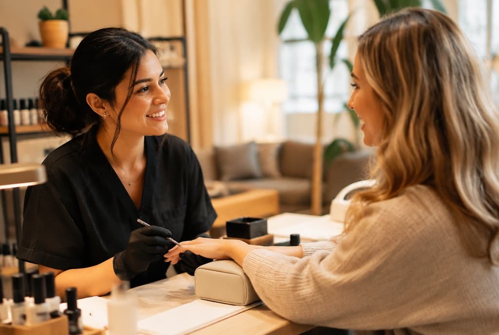 Chloe làm nails và trò chuyện thân thiện với khách trong tiệm nails hiện đại