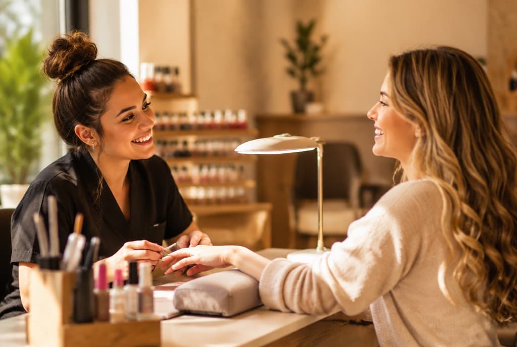 Chloe làm nails và trò chuyện thân thiện với khách trong tiệm nails hiện đại